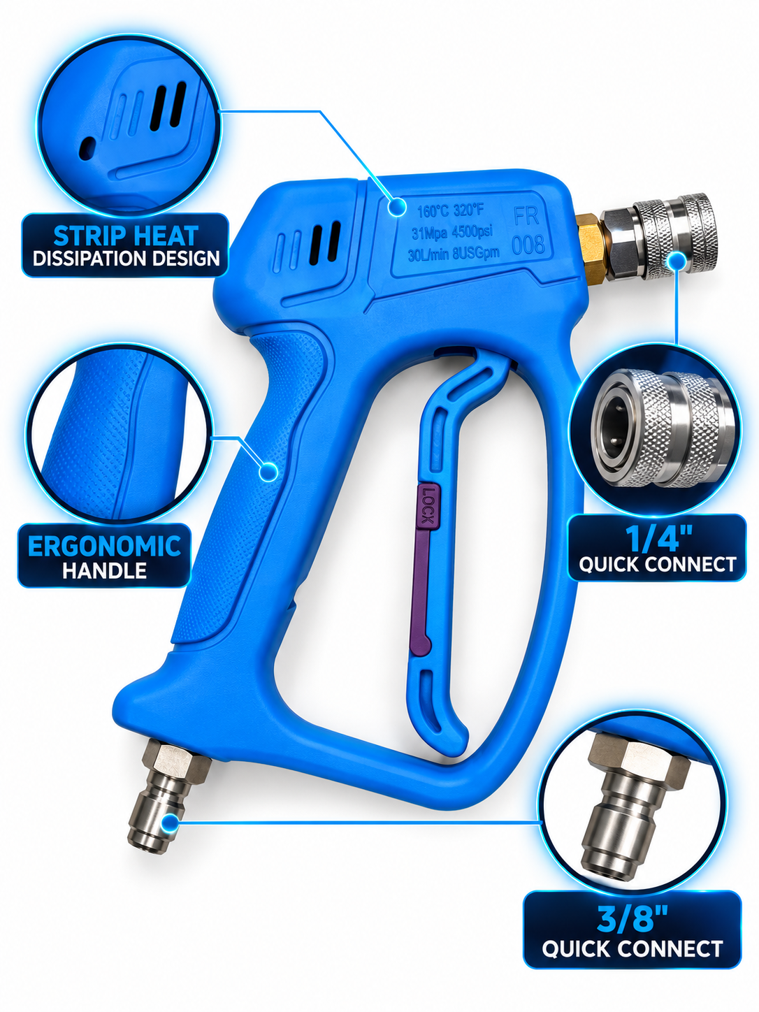 Professional Short Pressure Washer Gun – 3/8" Quick Connect Inlet & 1/4" Outlet – Blue