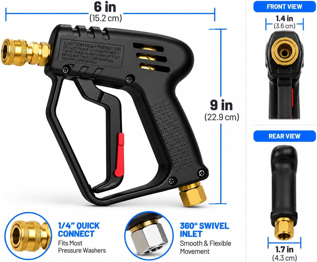 Professional Short Pressure Washer Gun – M22 14mm Inlet & 1/4" Quick Connect Outlet – Black