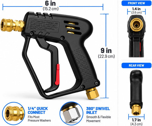 Professional Short Pressure Washer Gun – M22 14mm Inlet & 1/4" Quick Connect Outlet – Black