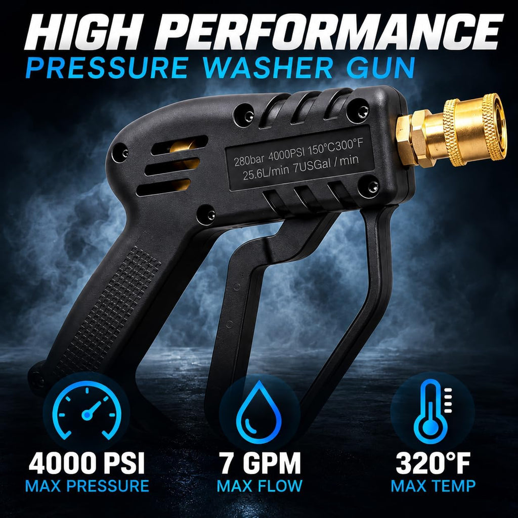 Professional Short Pressure Washer Gun – M22 14mm Inlet & 1/4" Quick Connect Outlet – Black
