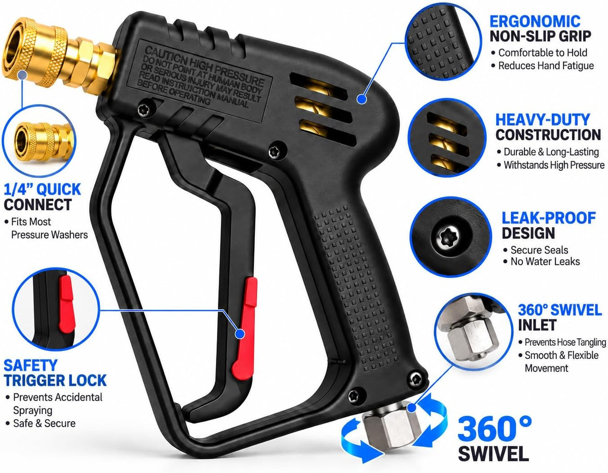 Professional Short Pressure Washer Gun – M22 14mm Inlet & 1/4" Quick Connect Outlet – Black