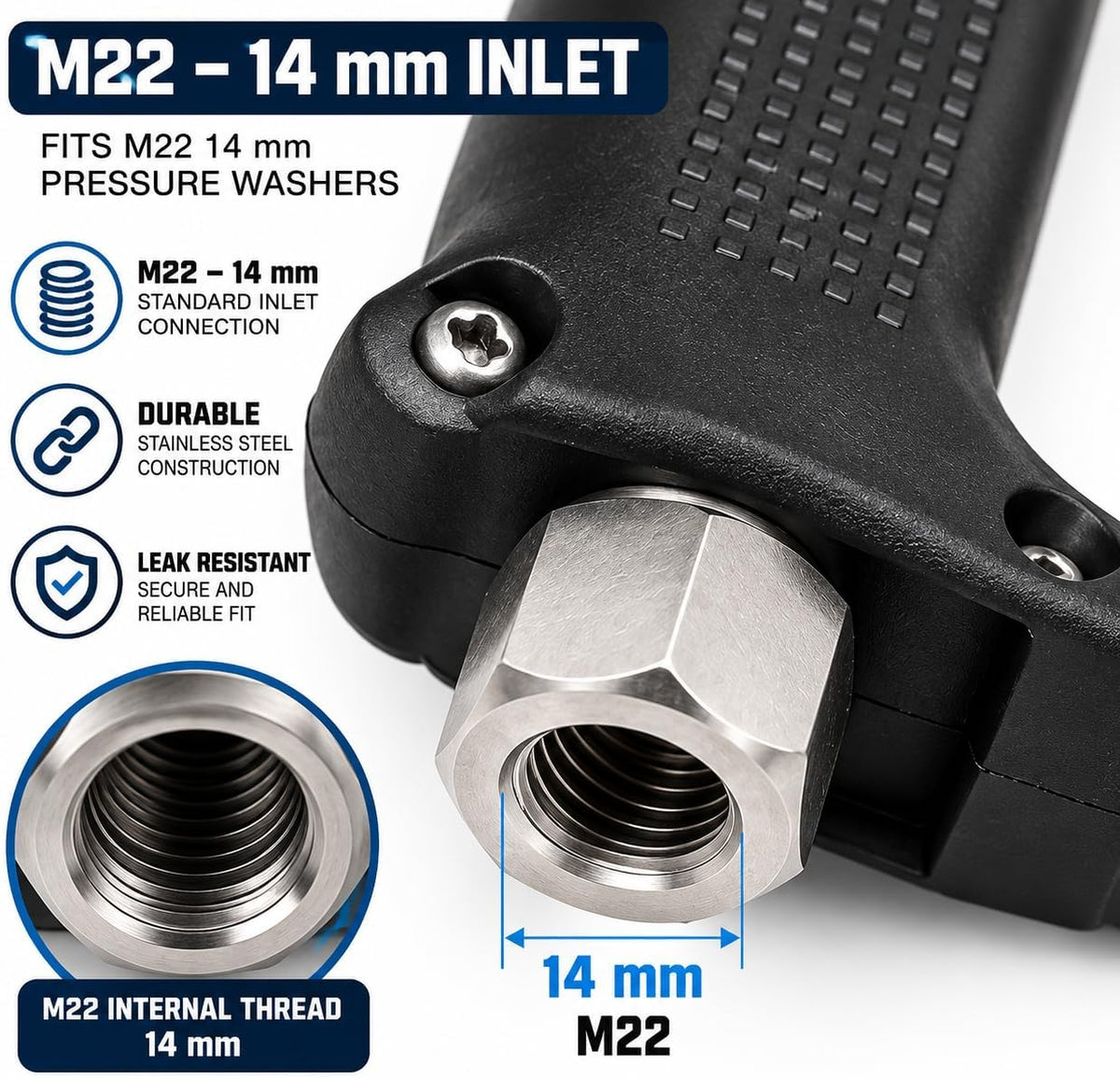 Professional Short Pressure Washer Gun – M22 14mm Inlet & 1/4" Quick Connect Outlet – Black