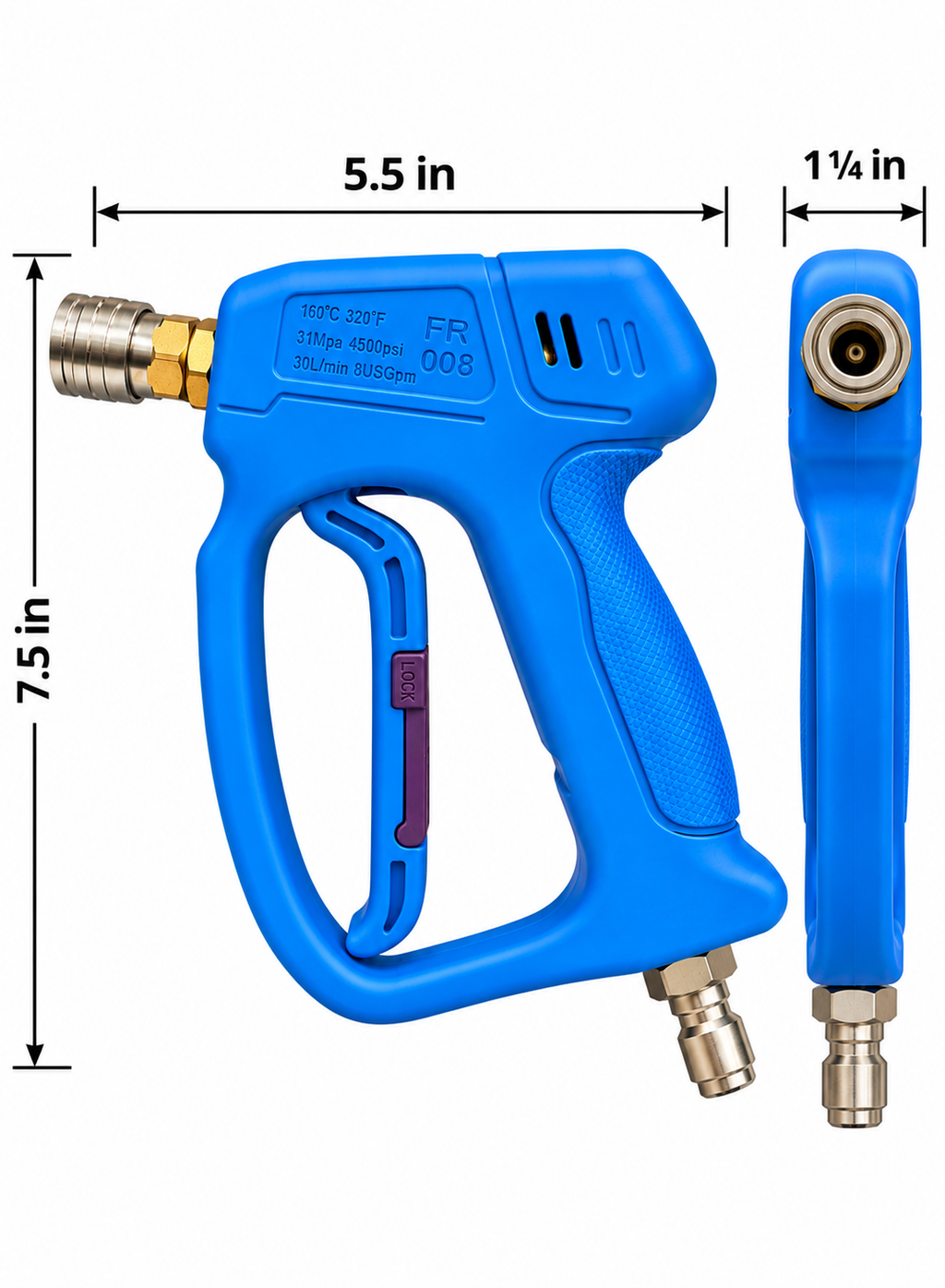 Professional Short Pressure Washer Gun – 3/8" Quick Connect Inlet & 1/4" Outlet – Blue